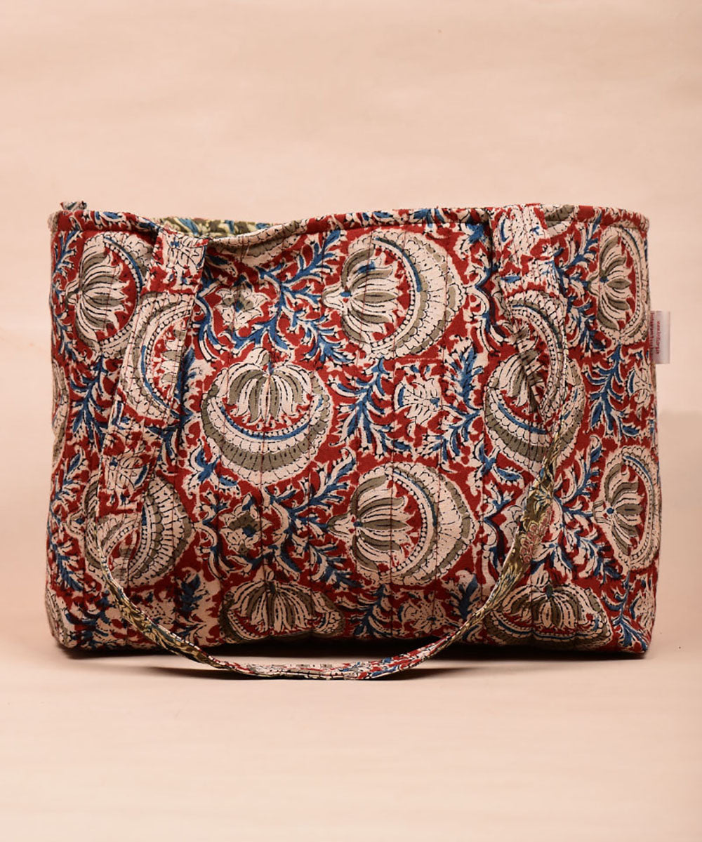 Red green hand printed cotton tote bag