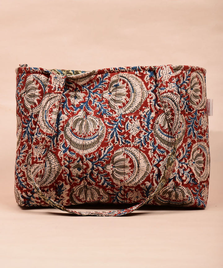 Red green hand printed cotton tote bag