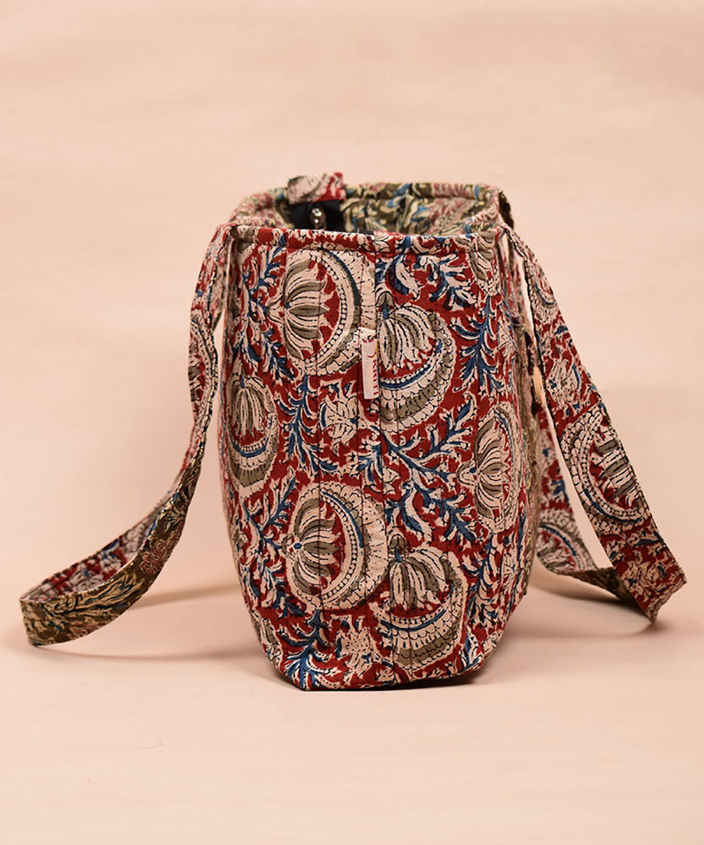 Red green hand printed cotton tote bag