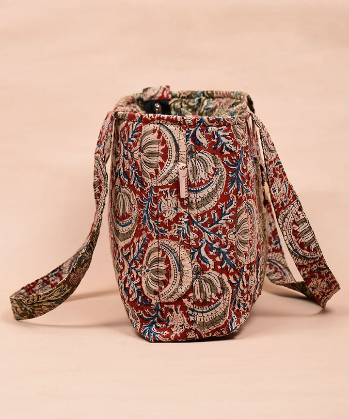 Red green hand printed cotton tote bag