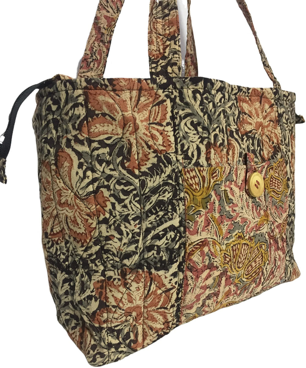 Grey brown hand printed cotton tote bag