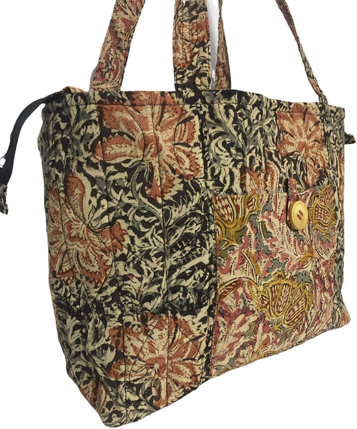Grey brown hand printed cotton tote bag
