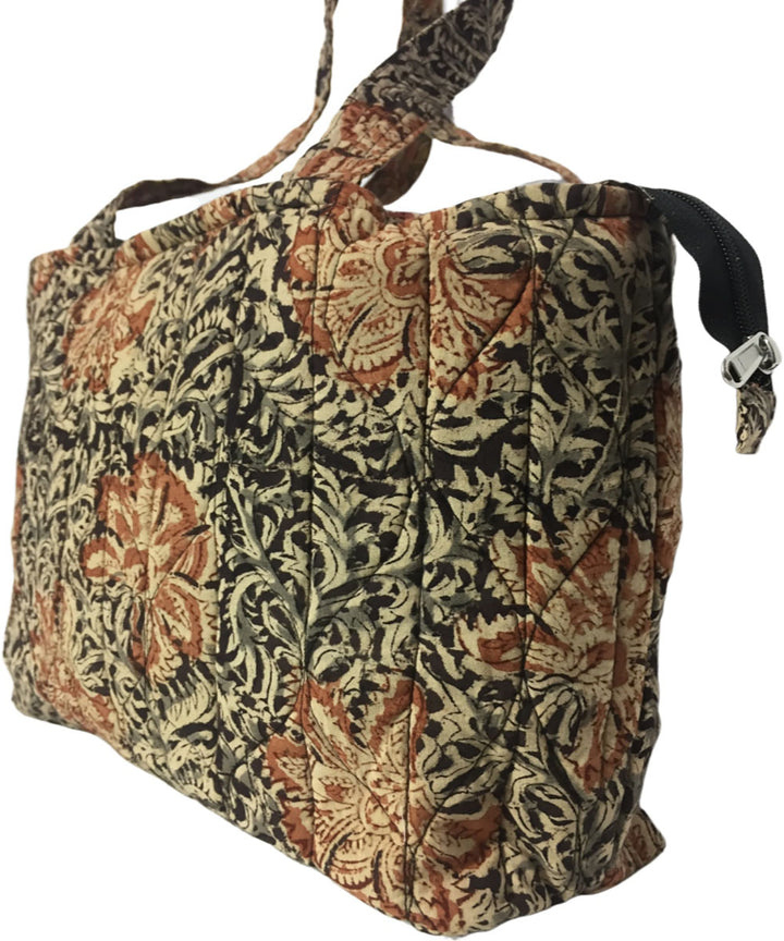 Grey brown hand printed cotton tote bag