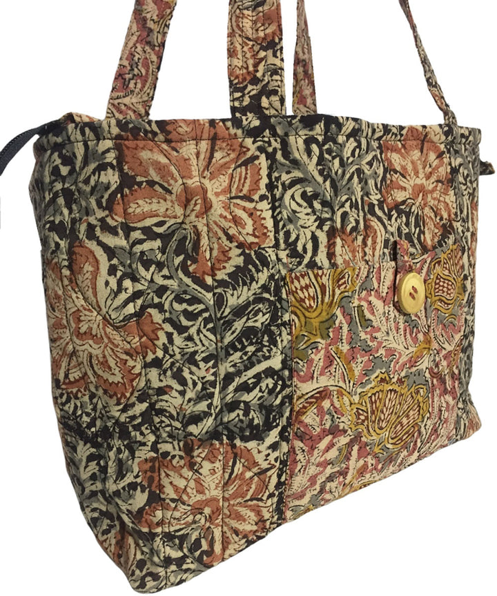 Grey brown hand printed cotton tote bag