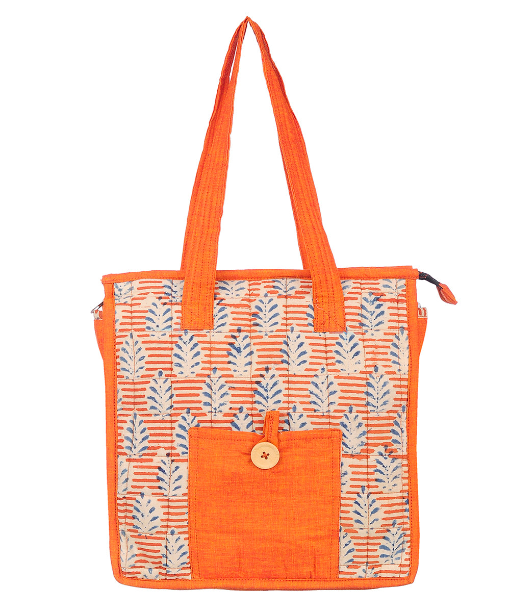 Orange blue hand printed cotton tote bag