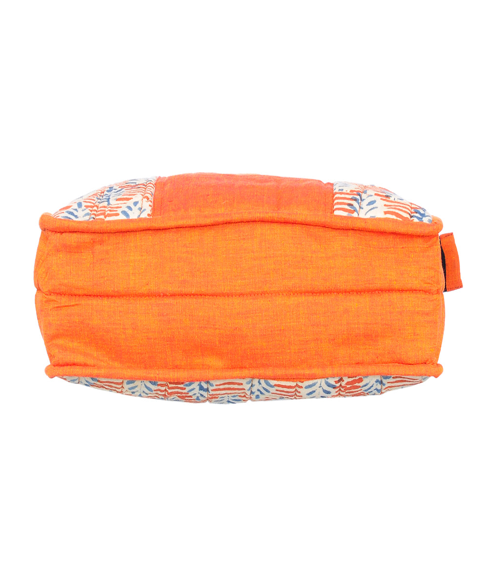 Orange blue hand printed cotton tote bag