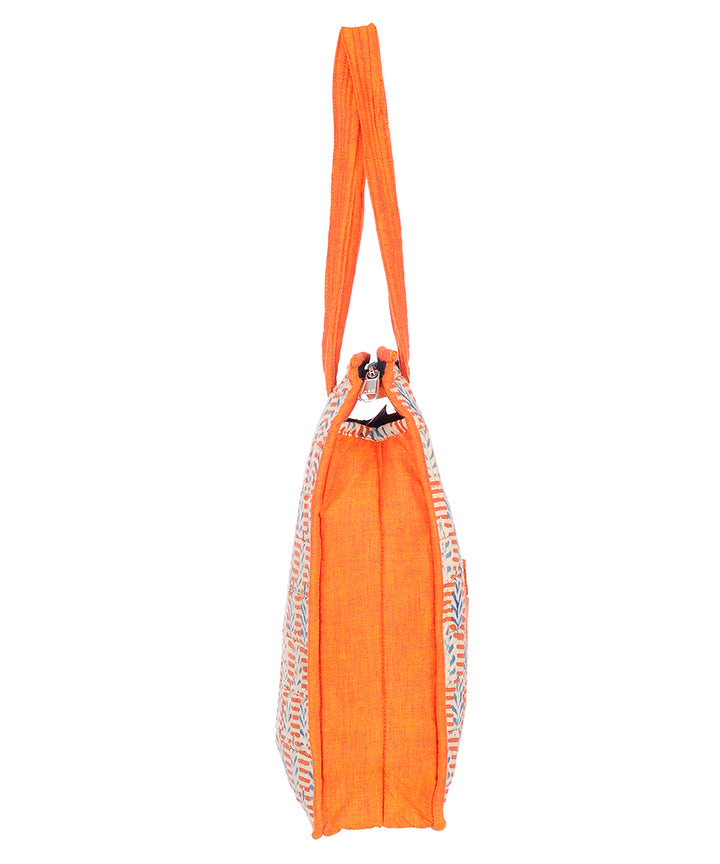Orange blue hand printed cotton tote bag