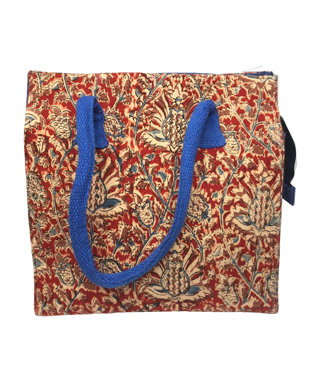 Red blue hand printed cotton tote bag