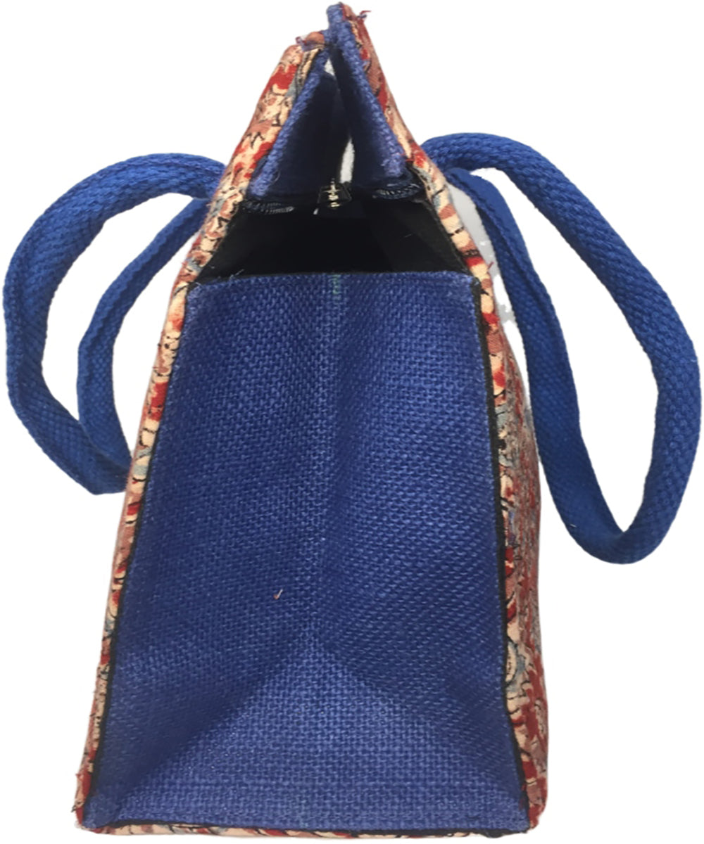 Red blue hand printed cotton tote bag