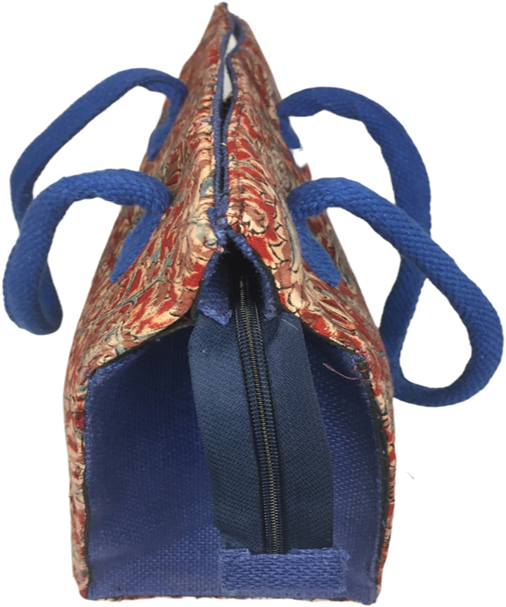 Red blue hand printed cotton tote bag