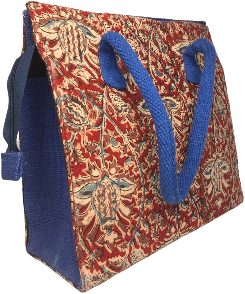 Red blue hand printed cotton tote bag