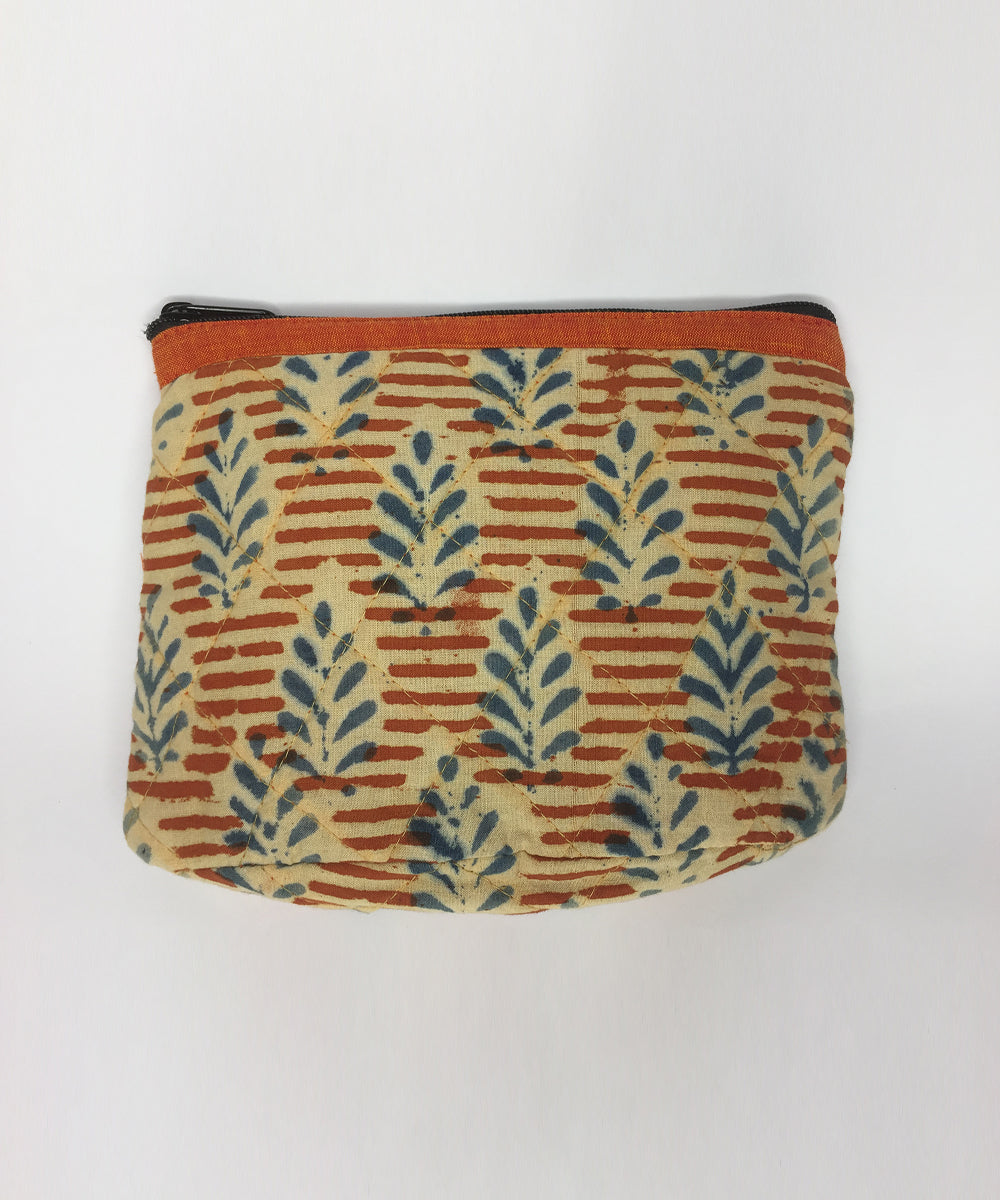 Orange blue handprinted cotton pouch