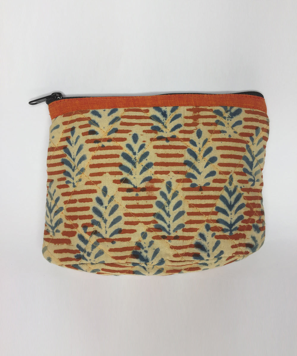 Orange blue handprinted cotton pouch
