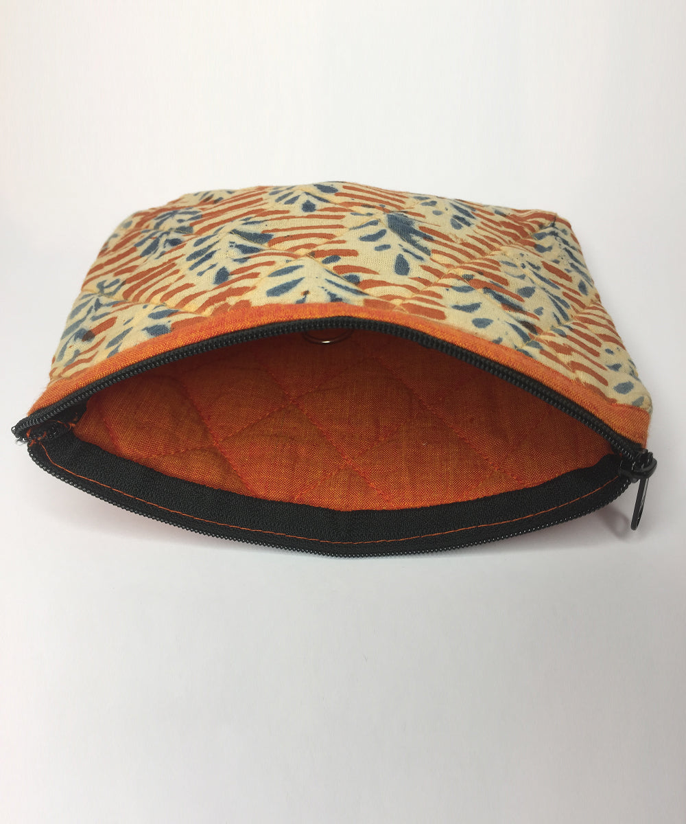 Orange blue handprinted cotton pouch