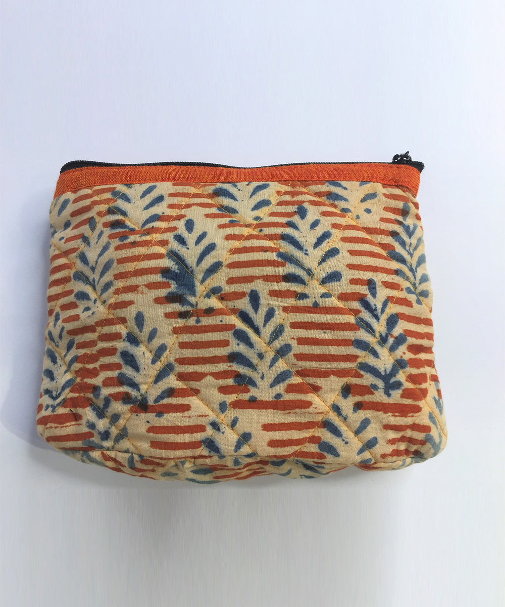 Orange blue handprinted cotton pouch