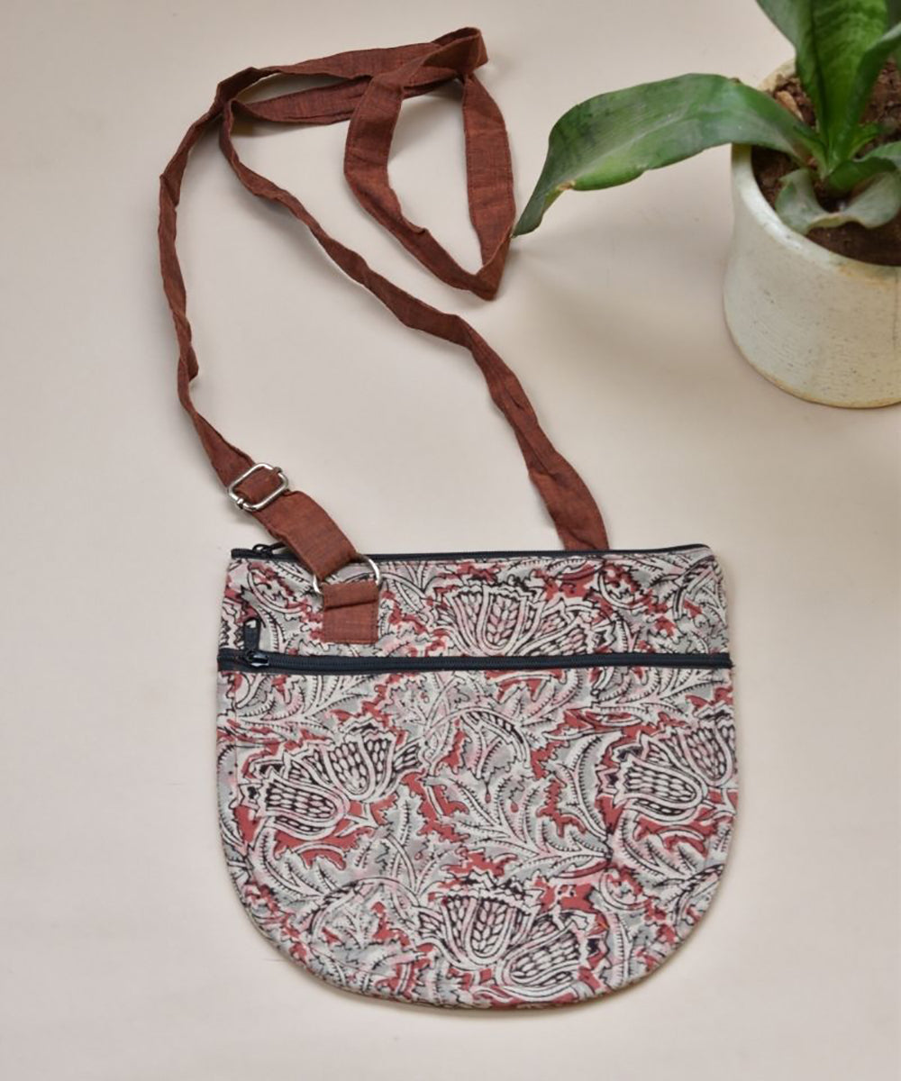 Beige maroon hand printed cotton sling bag