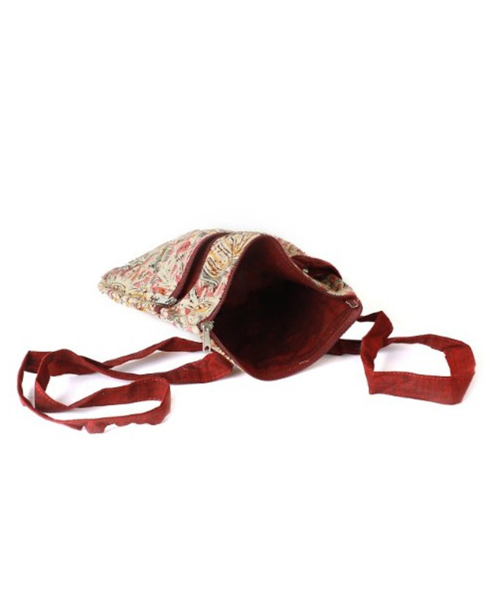 Beige maroon hand printed cotton sling bag