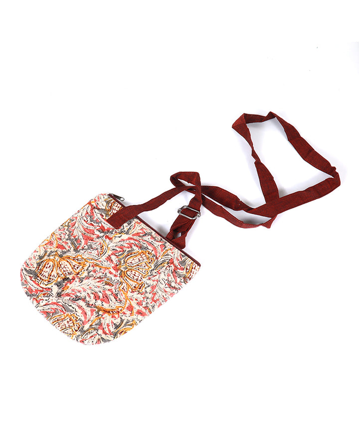 Beige maroon hand printed cotton sling bag