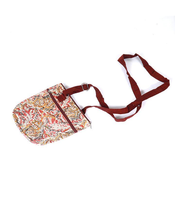 Beige maroon hand printed cotton sling bag