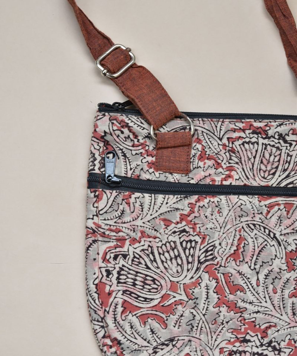 Beige maroon hand printed cotton sling bag