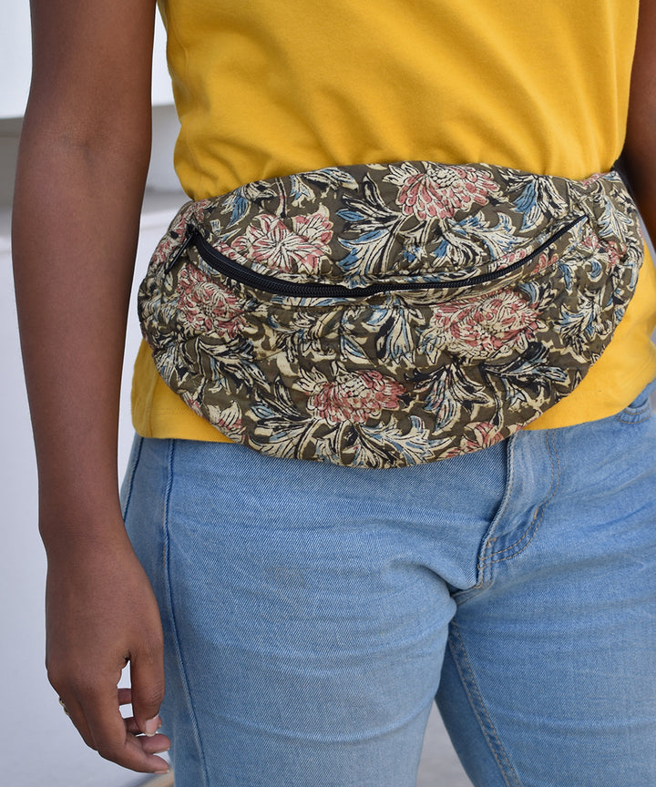 Green multicolor hand printed cotton pouch