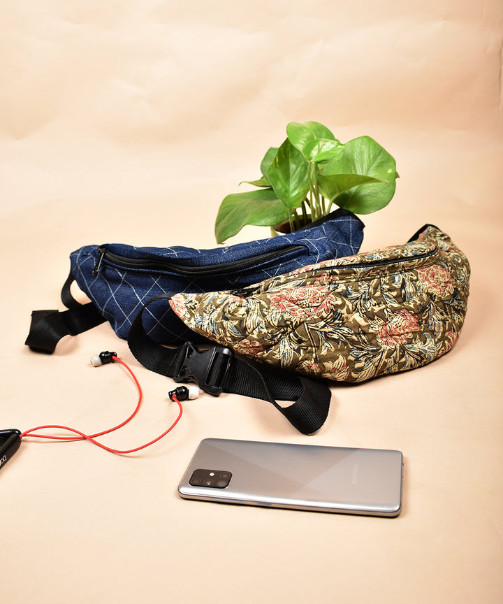 Green multicolor hand printed cotton pouch