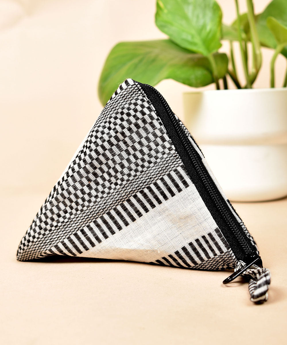Black white handwoven triangular cotton pouch