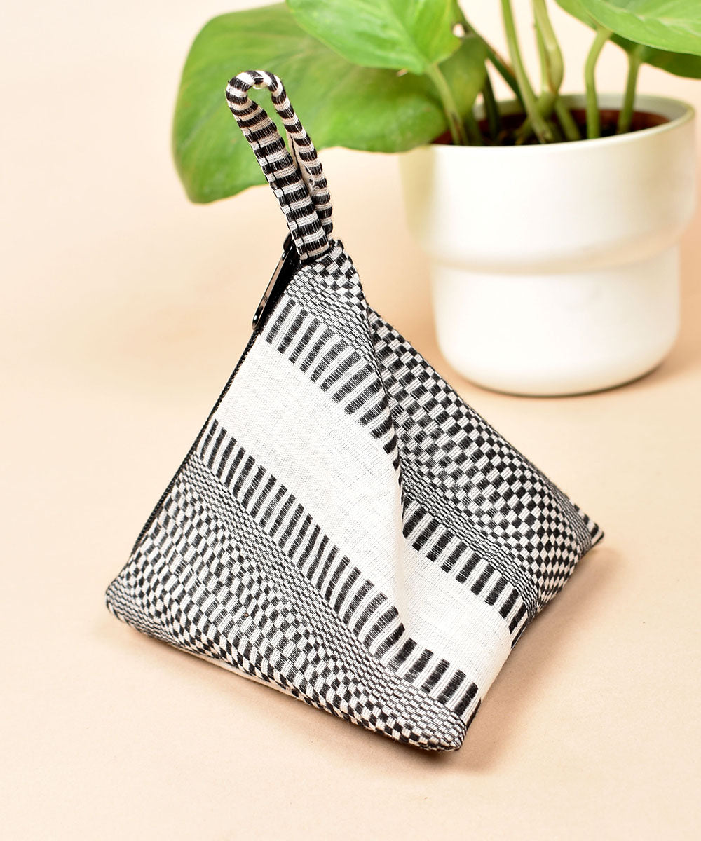 Black white handwoven triangular cotton pouch