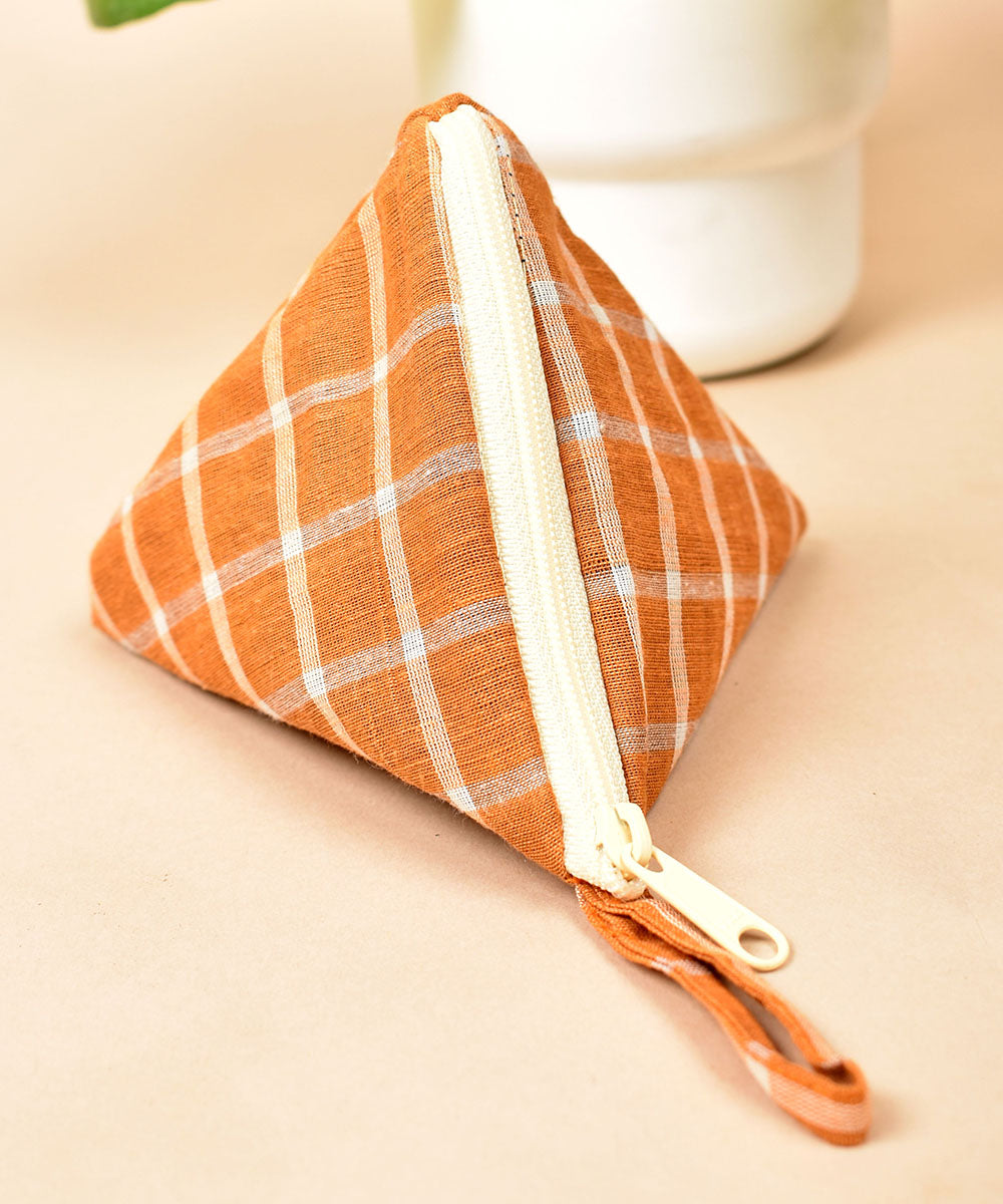 Orange white handwoven triangular cotton pouch