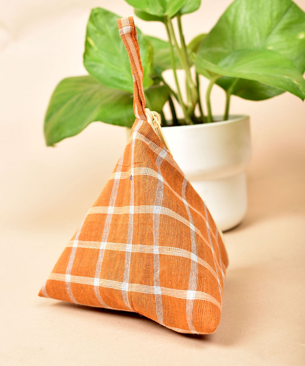 Orange white handwoven triangular cotton pouch