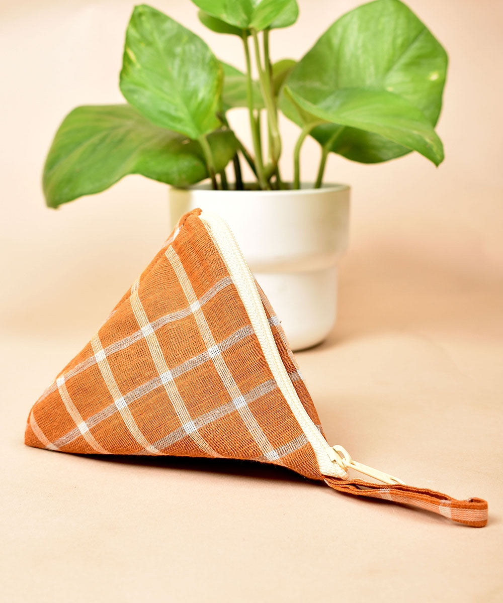 Orange white handwoven triangular cotton pouch