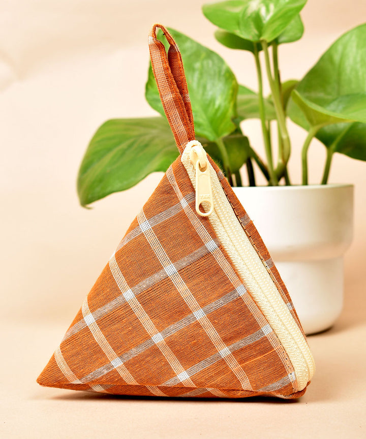 Orange white handwoven triangular cotton pouch