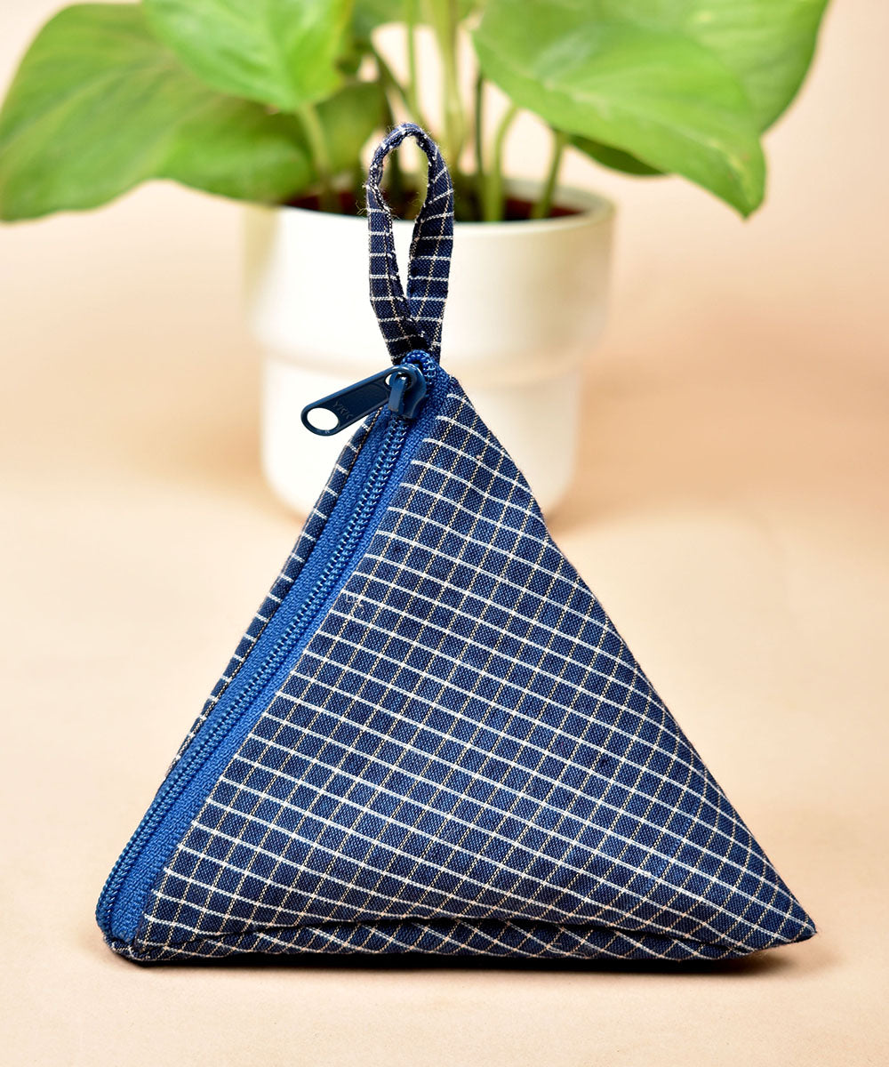 Blue white handwoven triangular cotton pouch