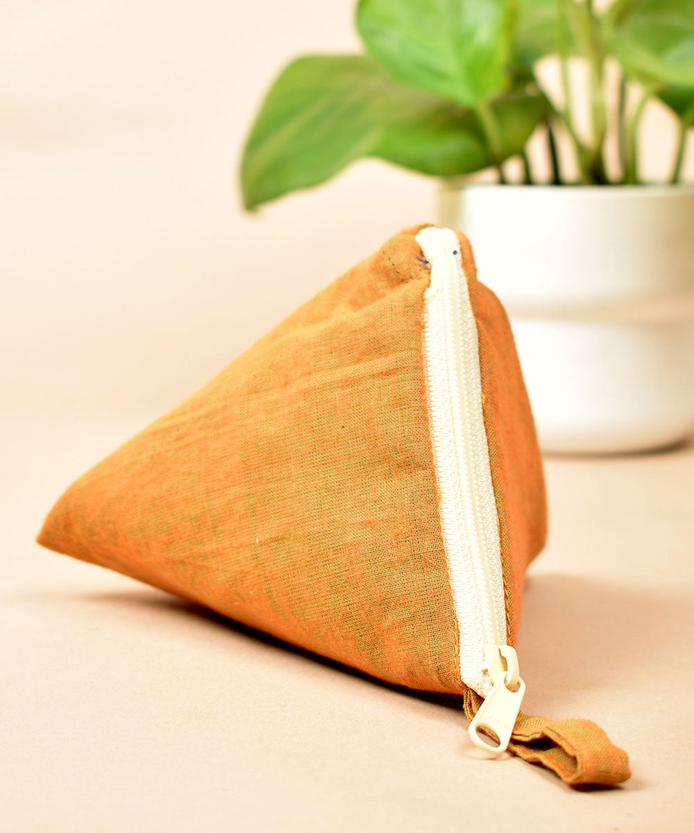 Orange white handloom triangular cotton pouch
