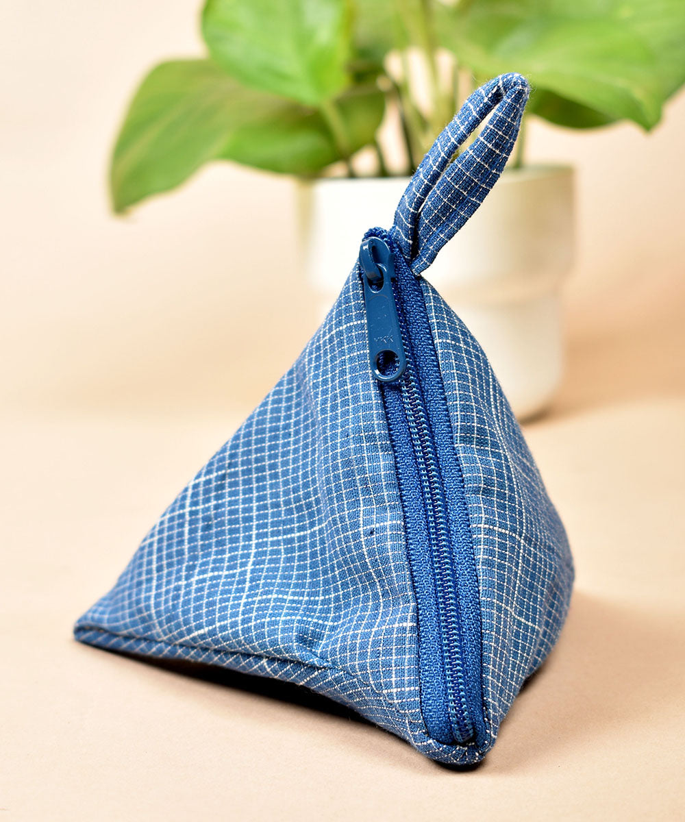 Cyan blue handwoven triangular cotton pouch