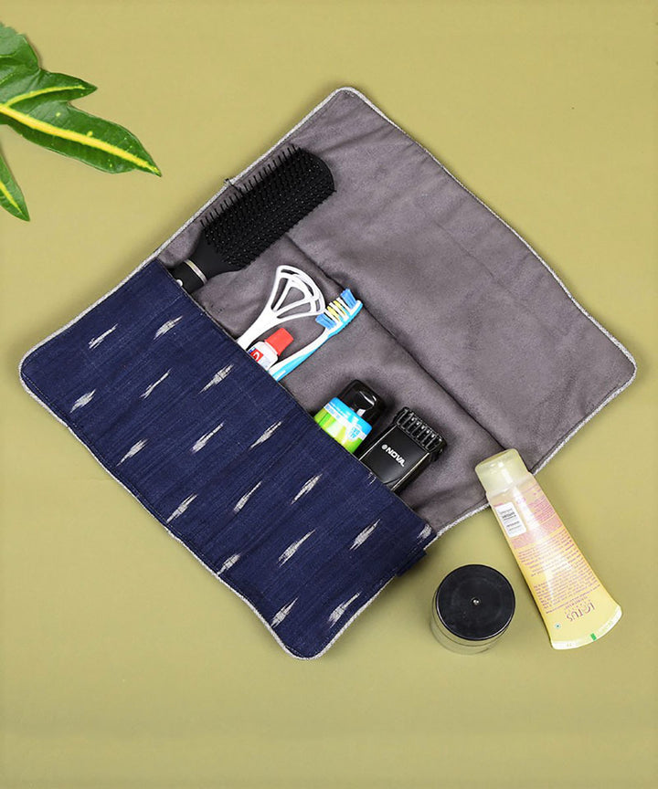 Blue grey handcrafted cotton folding toiletry pouch