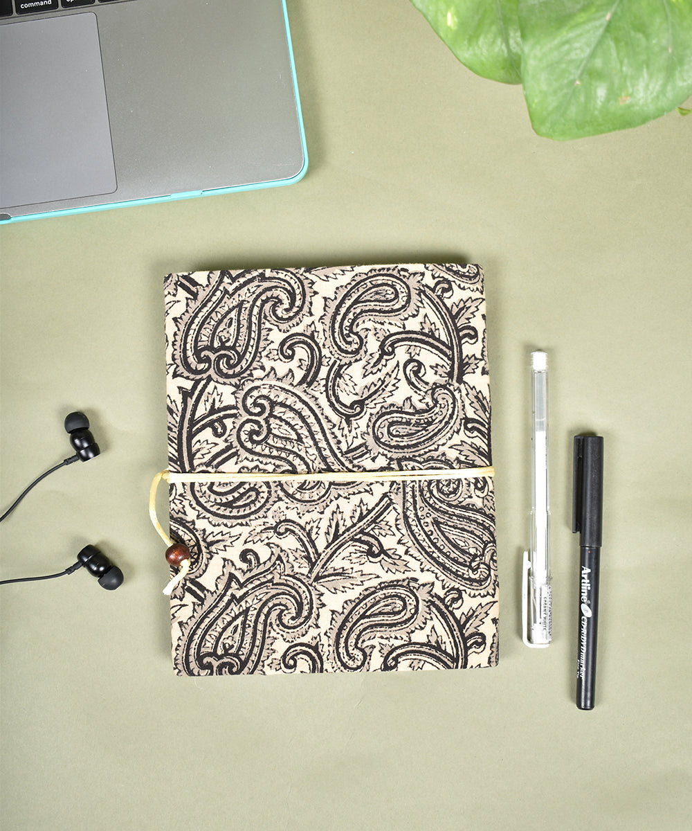 White handcrafted kalamkari cotton diary with dori