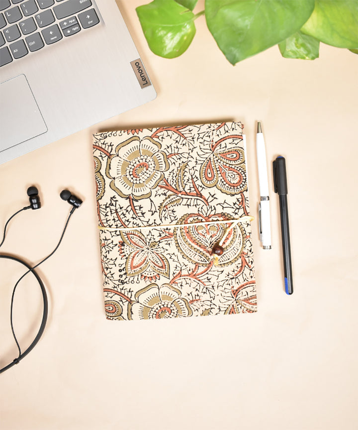 White hand crafted kalamkari cotton diary with dori