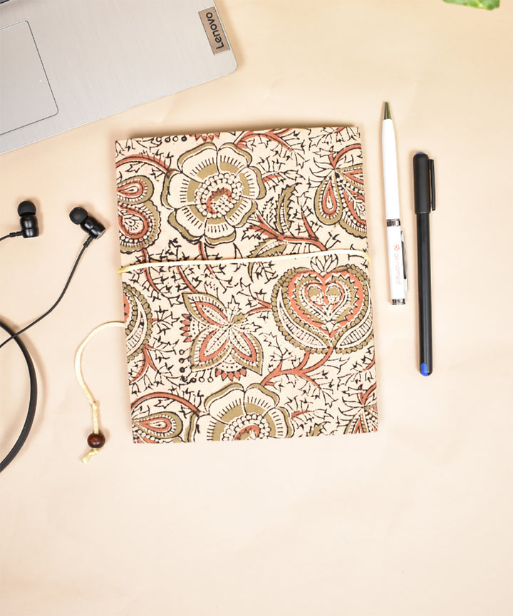 White hand crafted kalamkari cotton diary with dori