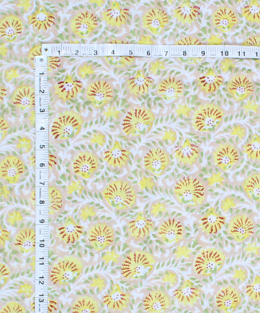 2.5m Beige yellow handblock print cotton kurta cut piece