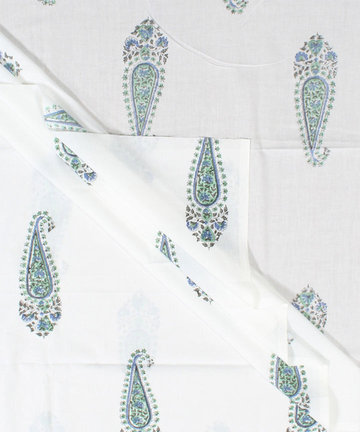 2.5m White handblock print cotton kurta cut piece
