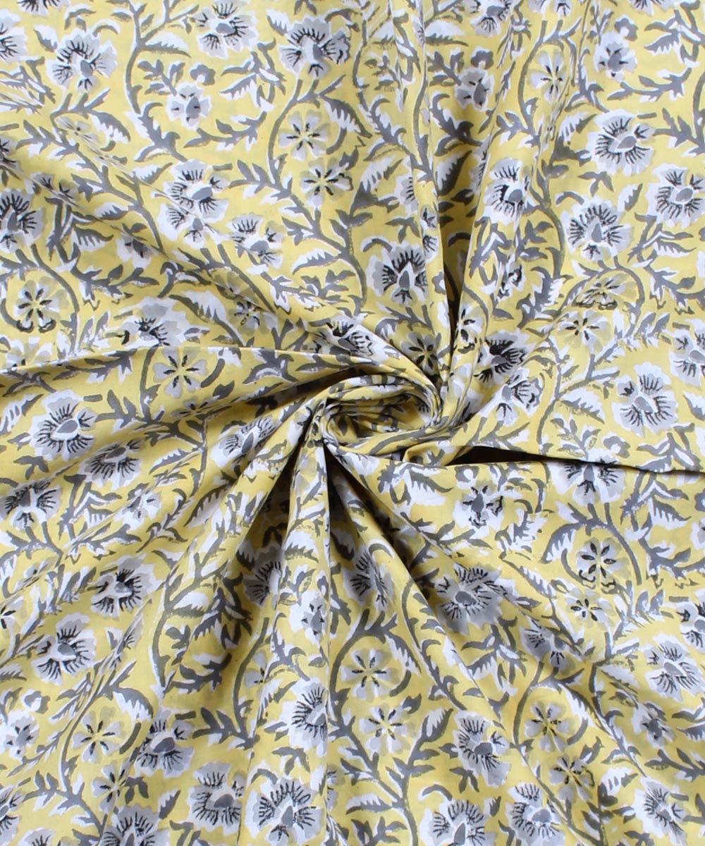 2.5m Yellow grey handblock print cotton kurta cut piece