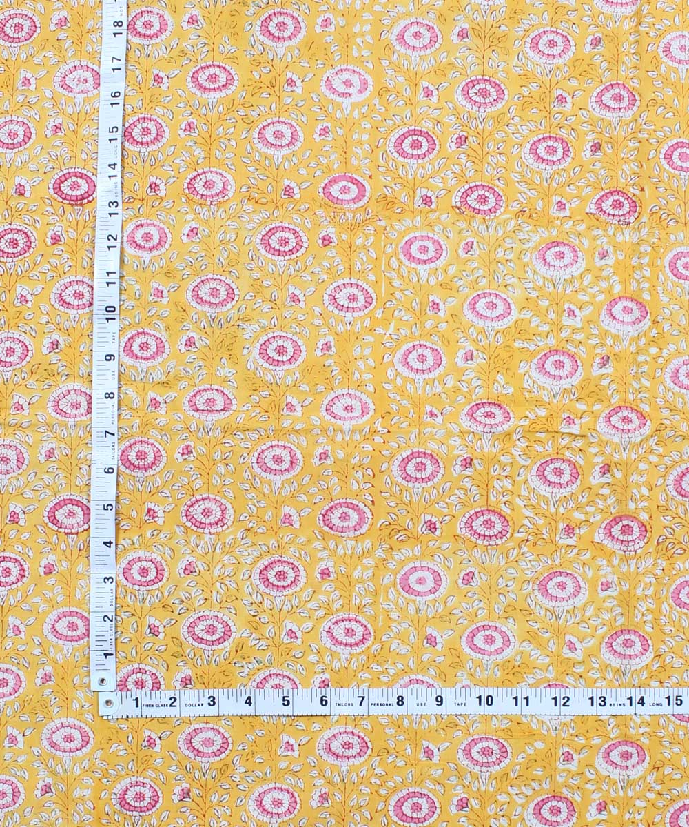 2.5m Yellow pink hand block print cotton kurta cut piece