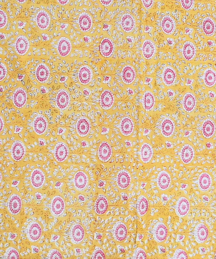 2.5m Yellow pink hand block print cotton kurta cut piece