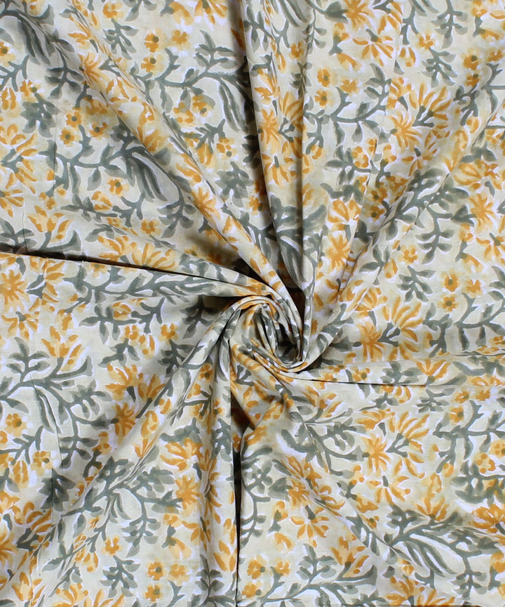 2.5m Yellow green handblock print cotton kurta cut piece