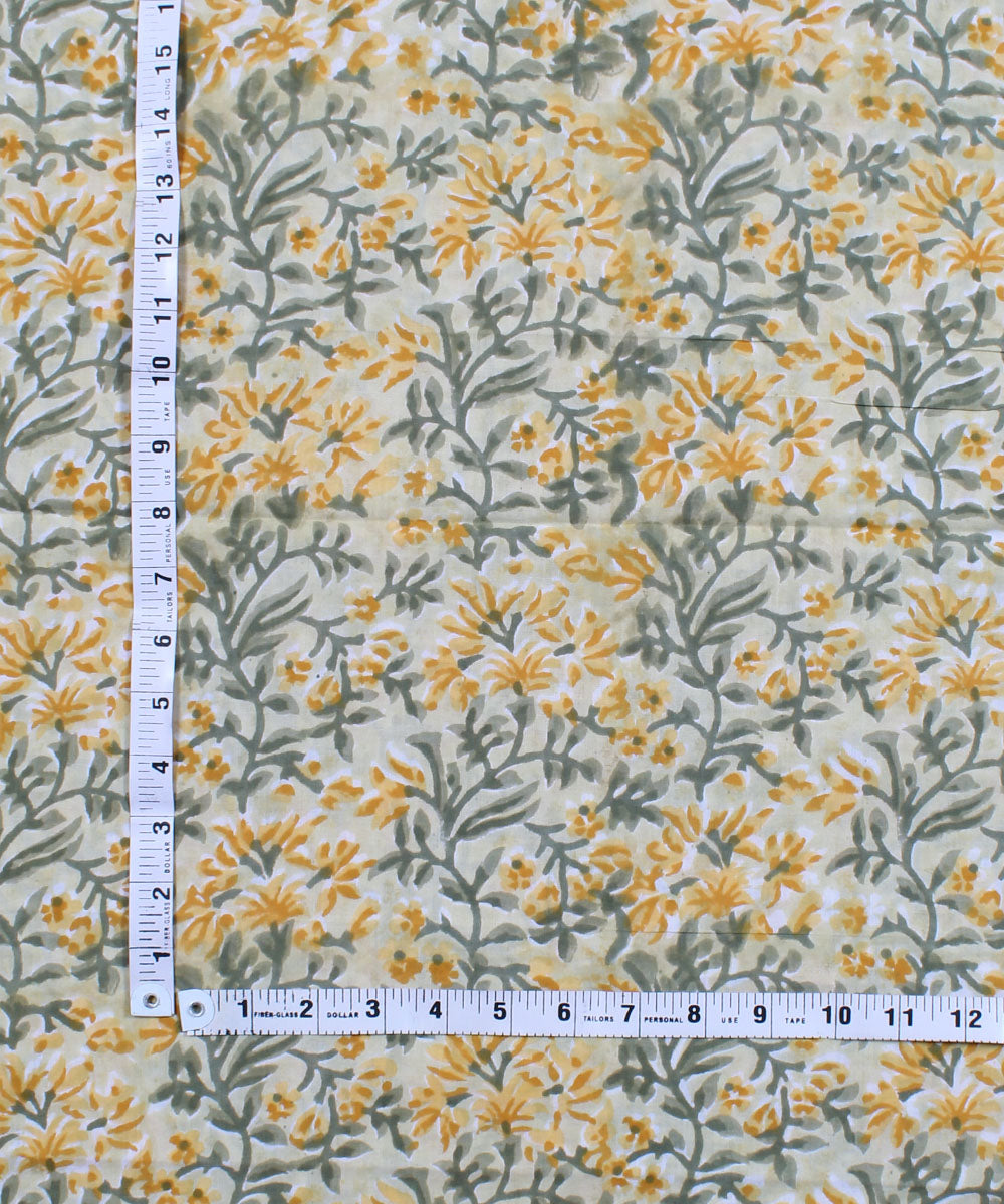 2.5m Yellow green handblock print cotton kurta cut piece