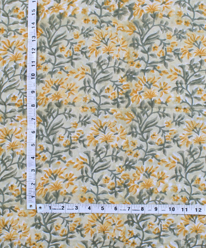 2.5m Yellow green handblock print cotton kurta cut piece