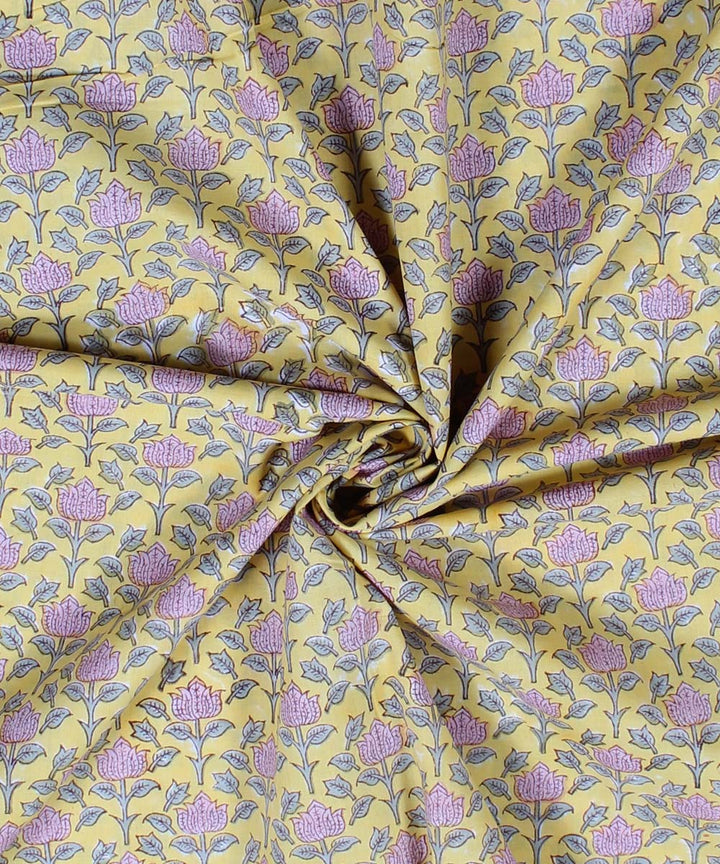 2.5m Yellow pink handblock print cotton kurta cut piece