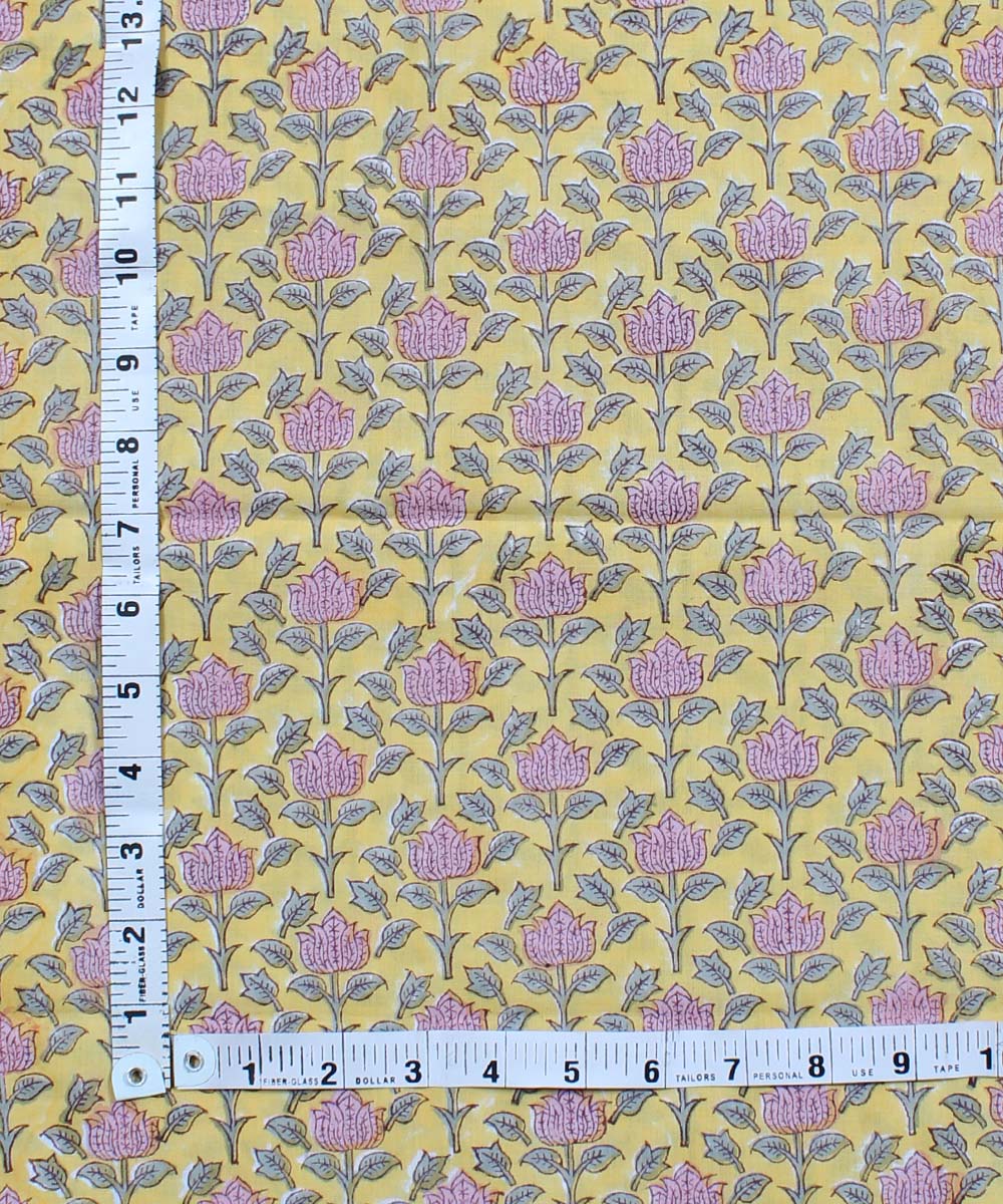 2.5m Yellow pink handblock print cotton kurta cut piece