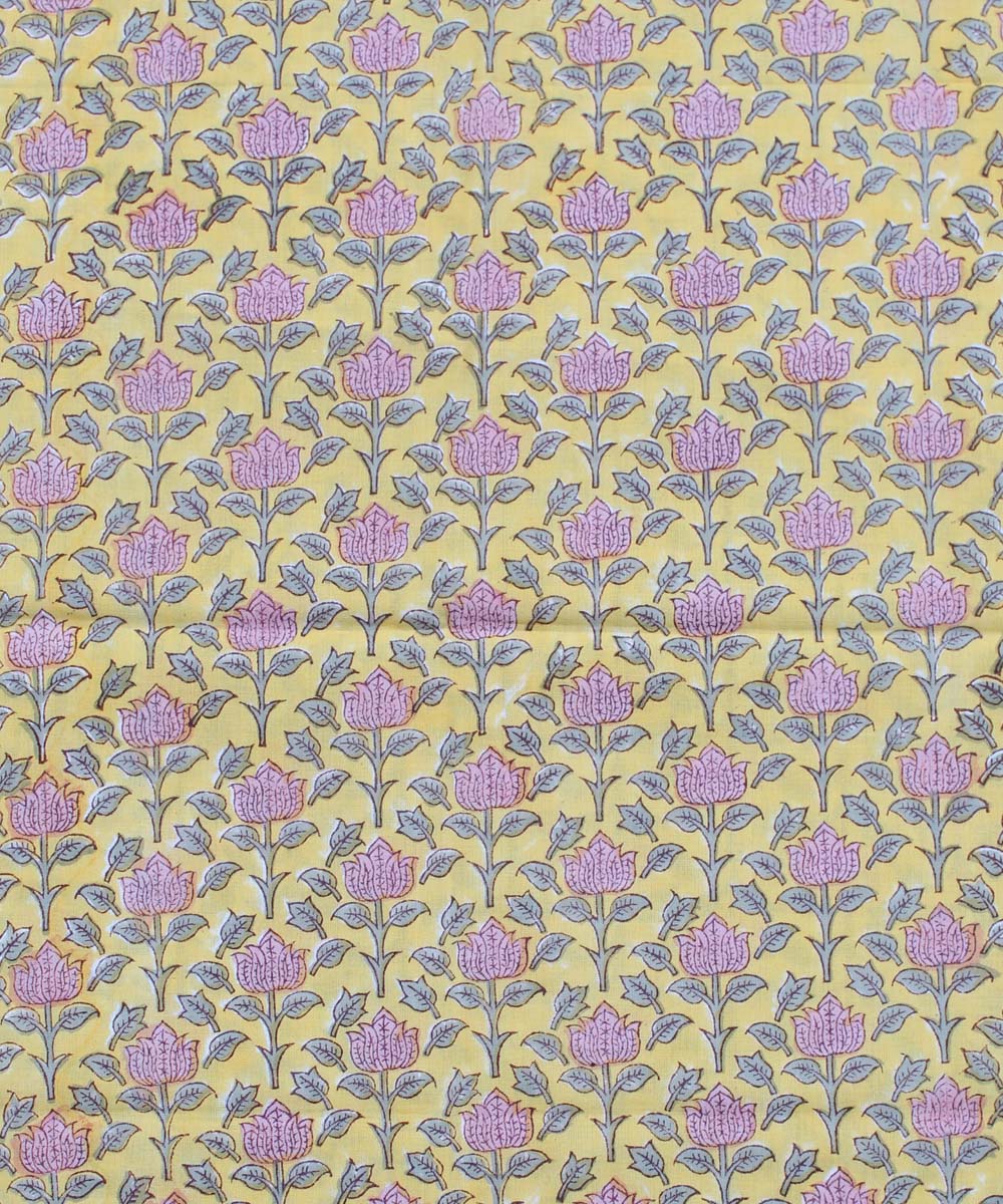 2.5m Yellow pink handblock print cotton kurta cut piece